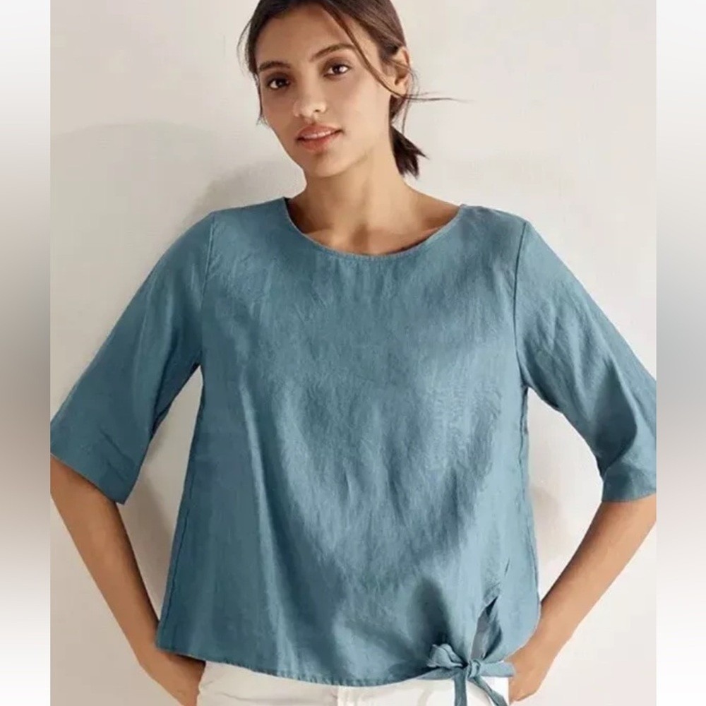 Grae Cove 100% Linen NWT Side Tie Top Teal Blue Button Down Blouse M